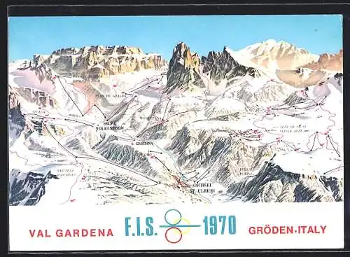 Künstler-AK St. Ulrich /Gröden, Panorama mit Plan de Gralba, Montepana und Seiser Alpe, Val Gardena