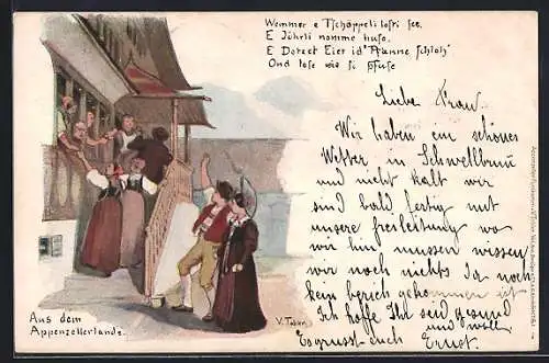 Künstler-AK sign. V. Tobler: Appenzell, Feiernde am Gasthaus