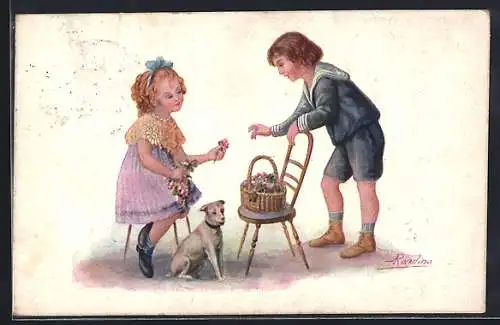 Künstler-AK sign. Rondina: Kinderpaar mit Blumenkorb und Hund