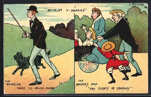 Künstler-AK sign. F. Macleod: Bachelor mit seinem Hund, Familienvater schiebt den Kinderwagen