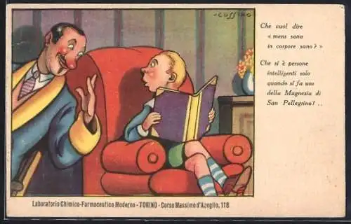 Künstler-AK sign. Cussino: Junge mit Buch schaut zu Herrn