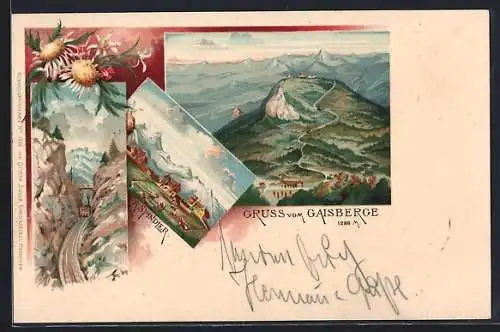 Lithographie Gaisberg, Panorama, Gut A. Spindler & Zahnradbahn