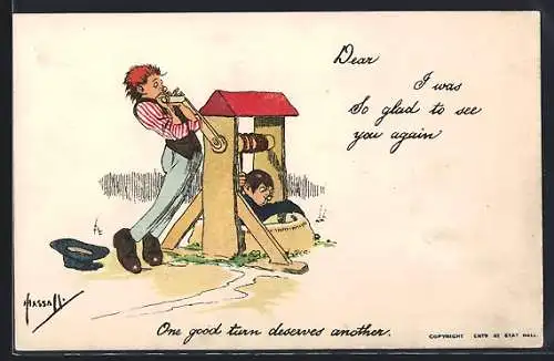 Künstler-AK sign. Hassall: Zwei junge Männer am Brunnen