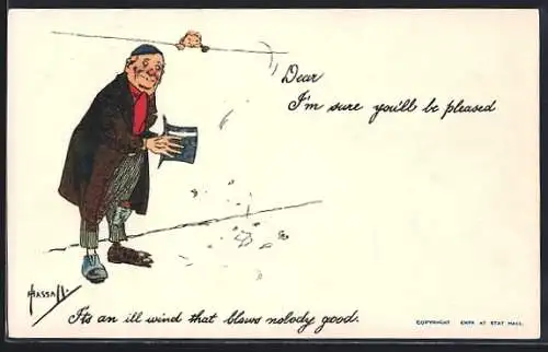 Künstler-AK sign. Hassall: Junge an der Mauer beobachtet Mann