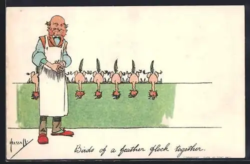 Künstler-AK sign. Hassall: Fleischer mit gerupften Hühnern