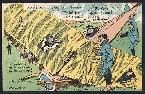Künstler-AK sign. A. Gaillard: La chute du Père Cent, Piloten in einem abgestürzten Flugzeug