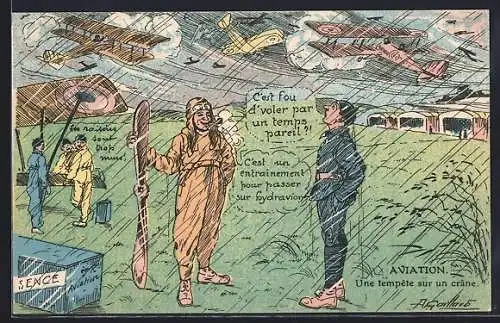 Künstler-AK sign. A. Gaillard: Piloten mit Flugzeugen bei Sturm