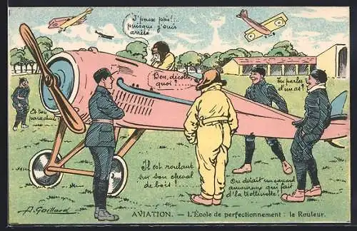 Künstler-AK sign. A. Gaillard: Piloten an einem Flugzeug