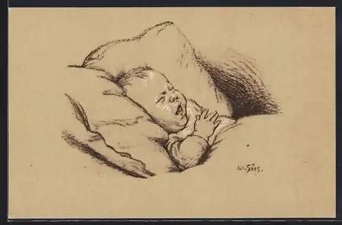 Künstler-AK sign. Wilhelm Süs: Kleines Kind weint im Bett