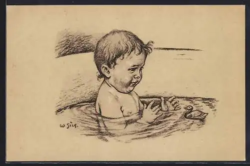 Künstler-AK sign. Wilhelm Süs: Kleines Kind beim Baden