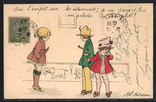 Künstler-AK sign. M. L. Maitrejean: Pärchen trifft junge Dame auf der Strasse