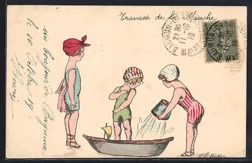 Künstler-AK sign. M. L. Maitrejean: Drei Kinder beim Baden