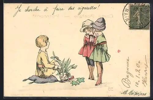 Künstler-AK sign. M. L. Maitrejean: Junger Mann mit Pflanze und zwei Fräuleins