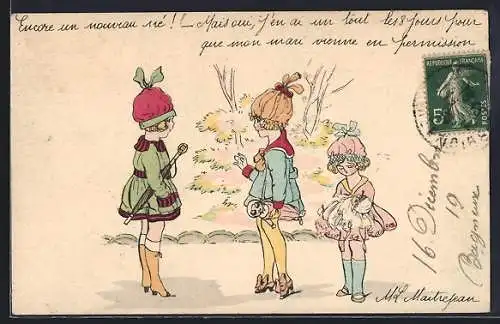 Künstler-AK sign. M. L. Maitrejean: Drei Mädchen mit Puppen