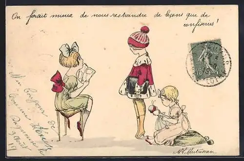 Künstler-AK sign. M. L. Maitrejean: Drei Kinder mit einer Puppe