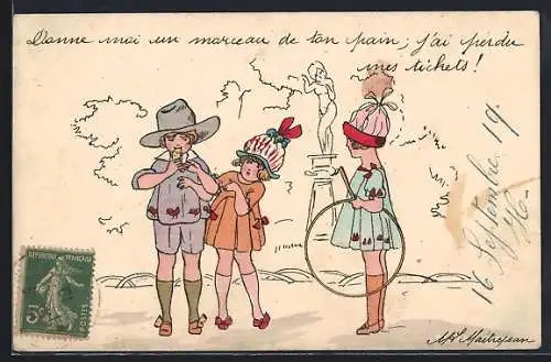 Künstler-AK sign. M. L. Maitrejean: Kinder mit Reifen vor einer Statue