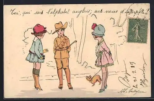 Künstler-AK sign. M. L. Maitrejean: Pärchen begegnet Fräulein mit Hund