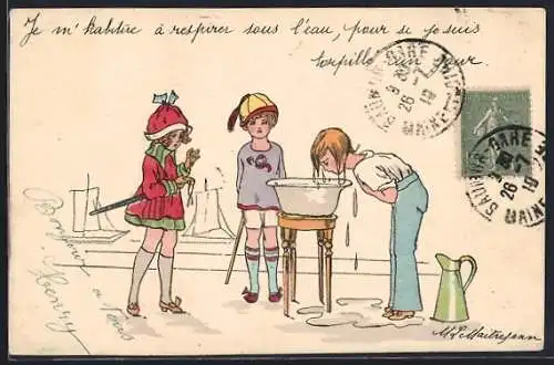 Künstler-AK sign. M. L. Maitrejean: Kinder beim Waschen