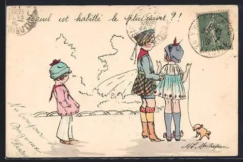 Künstler-AK sign. M. L. Maitrejean: Kind läuft hinter Pärchen mit Hund