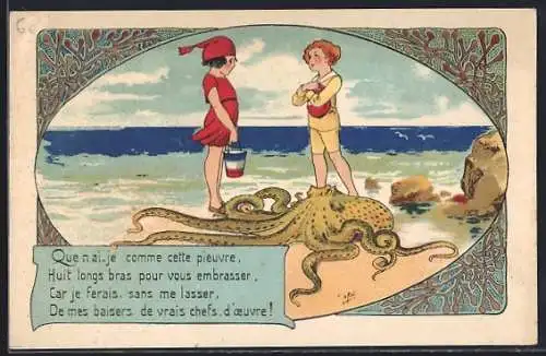 Künstler-AK sign. E. Oroj: Pärchen mit Octopus am Strand