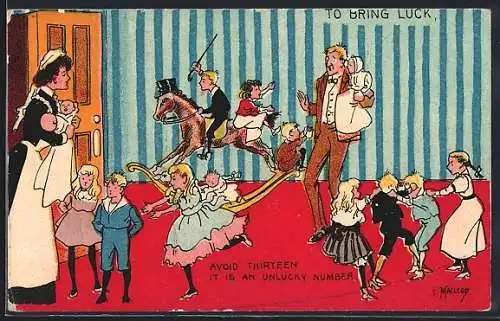 Künstler-AK sign. F. Macleoy: Vater mit spielenden Kindern