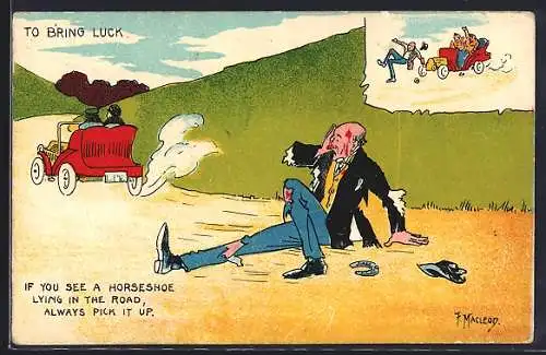Künstler-AK sign. F. Macleoy: Mann wird von einem Auto angefahren
