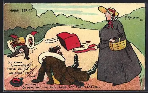 Künstler-AK sign. F. Macleod: Alte Lady im Gespräch mit verunfalltem Autofahrer