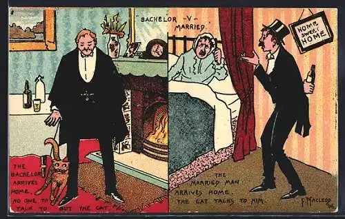Künstler-AK sign. F. Macleoy: Bachelor kommt nach Hause, Ehemann kommt zu seiner Frau