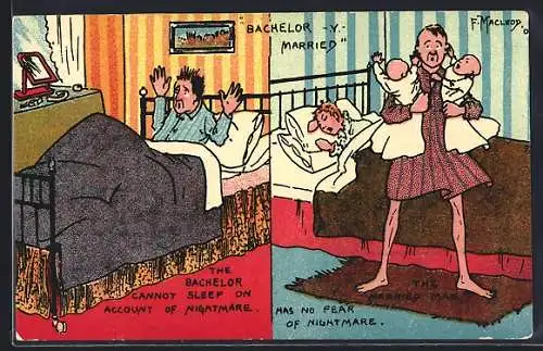 Künstler-AK sign. F. Macleoy: Bachelor kann nachts nicht schlafen, Kinder halten Familienvater wach
