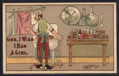 Künstler-AK sign. Carmichael: Mann beim Abwasch in der Küche