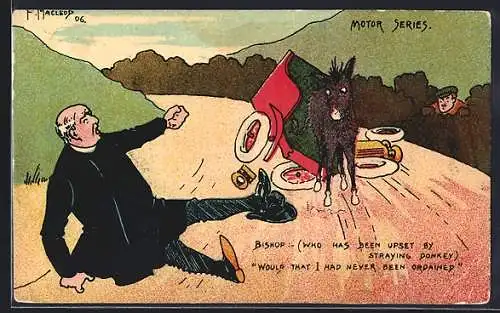 Künstler-AK sign. F. Macleoy: Bischof ist mit dem Eselswagen gestürzt