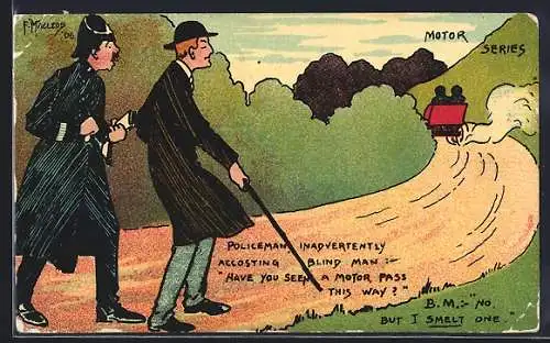 Künstler-AK sign. F. Macleoy: Polizist und Blinder auf der Strasse