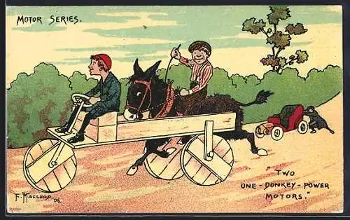 Künstler-AK sign. F. Macleoy: Zwei Männer mit Gefährt aus Auto und Esel