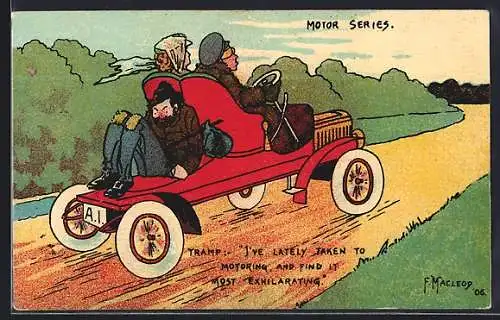 Künstler-AK sign. F. Macleoy: Landstreicher bei Paar auf dem Auto