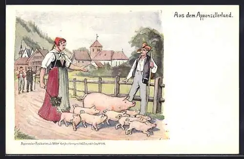 Künstler-AK sign. V. Tobler: Appenzell, Bauernpaar mit Schweinen