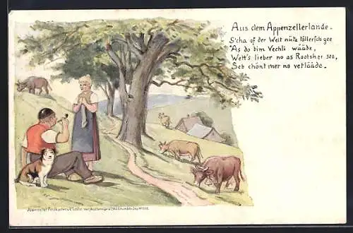 Künstler-AK sign. V. Tobler: Appenzell, Hirtenpaar mit Kühen