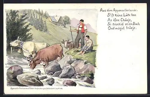 Künstler-AK sign. V. Tobler: Appenzell, Hirte und Sohn mit Rindern