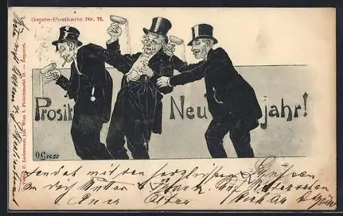 Künstler-AK sign. O. Gross: Drei elegante Herren trinken Sekt, Neujahrsgruss
