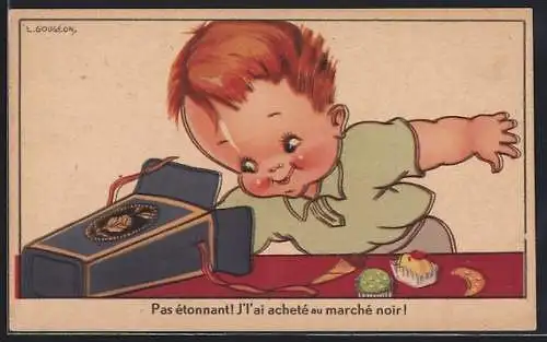 Künstler-AK sign. L. Gougeon: Kleiner Junge mit Süssigkeiten