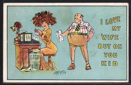 Künstler-AK sign. Carmichael: Frau an der Schreibmaschine und Chef