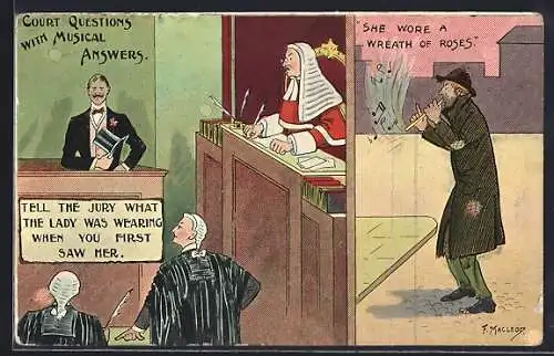 Künstler-AK sign. F. Macleoy: Herr im Gerichtssaal, Flötenspieler auf der Strasse