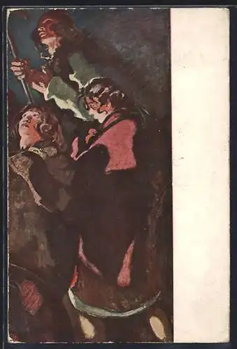 Künstler-AK sign. K. Sichulski: Adoracya pasterzy, Wanderer in der Nacht