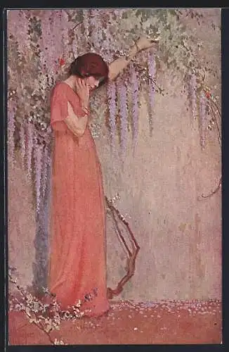 Künstler-AK sign. Hollinger: In Gedanken versunkene Frau