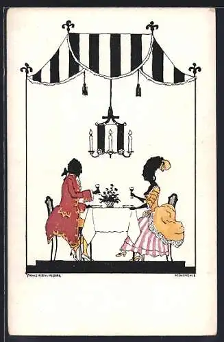 Künstler-AK sign. Franz Hienl-Merre: Schattenbild, Paar beim Abendessen