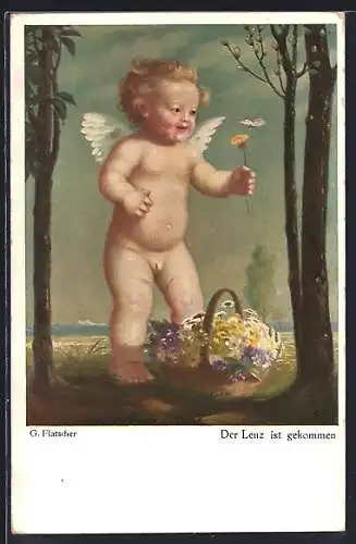 Künstler-AK sign. G. Flatscher: Der Lenz ist gekommen, Nackter Engel mit Schmetterling