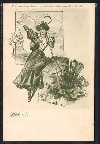 Künstler-AK sign. Henri: Junge Frau in den Bergen
