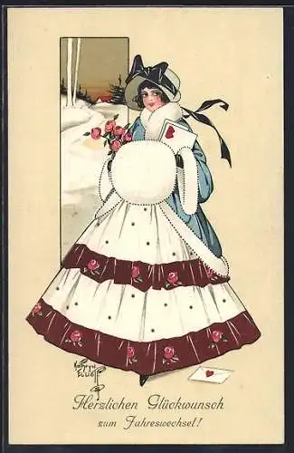 AK Junge Frau erhält Neujahrsgeschenke, wie Blumen und Briefe