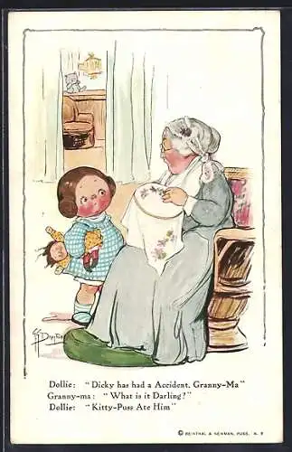 Künstler-AK sign. G. G. Dadyton: Kleines Mädchen und stickende Grossmutter