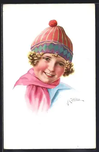 AK Junge Frau mit bunter Mütze und Schal