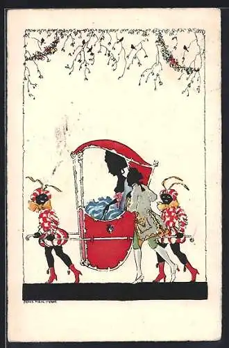 Künstler-AK sign. Franz Hienl-Merre: Schattenbild, Frau in einer Sänfte